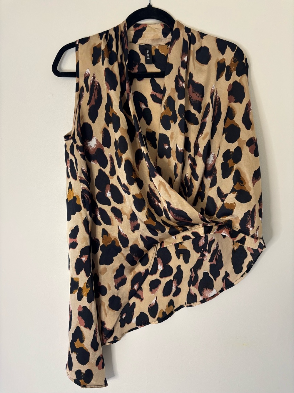 Asymmetrical Leopard Print Draped Blouse - Beige Multi